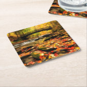 秋の木橋そして入り江 スクエアペーパーコースター (アングル)