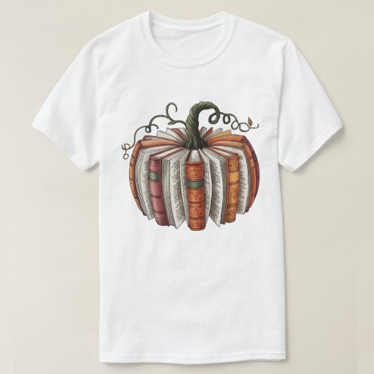 秋の本とカボチャ、ほっこりとした秋の読書 Tシャツ (デザイン正面)