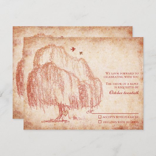 秋の柳の木の結婚式返信カード 出欠カード (正面/裏面)