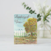 秋の柵と木、鳥の水彩 ポストカード (スタンド正面)