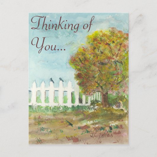 秋の柵と木、鳥の水彩 ポストカード (正面)