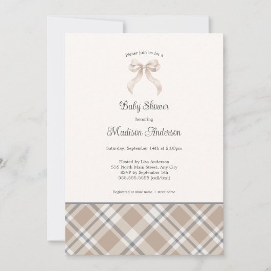 秋の格子縞リボン中立ジェンダー赤ちゃんシャワー 招待状 (正面)
