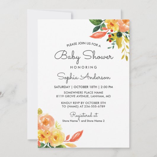 秋の桃フローラ愛らしい秋ベビーシャワー 招待状 (正面)