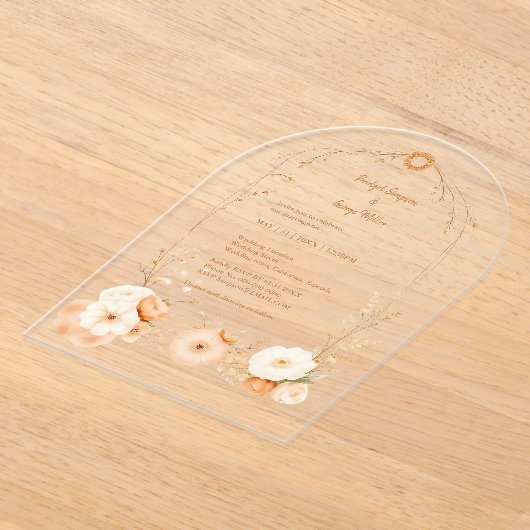 秋の桃フローラ水彩フレーム アクリル招待状 (レイダウン)