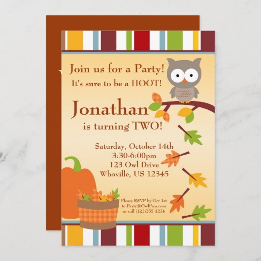 秋の梟とカボチャの誕生日パーティーの招待 招待状 (正面/裏面)