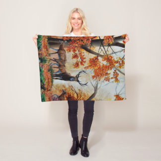秋の森で鹿とシカ/ファンシーデザイン フリースブランケット