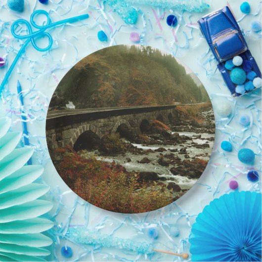 秋の森と川の風景 ペーパープレート (パーティー)