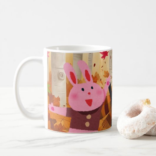秋の森に遊おける動物カップ コーヒーマグカップ (ドーナツ)