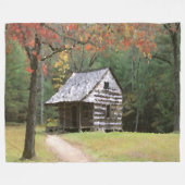 秋の森のキャビン水の色のアー絵画ト フリースブランケット (正面(横))