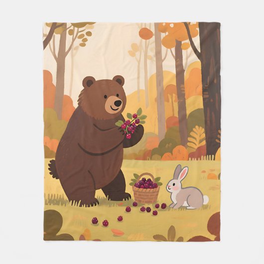秋の森のクマとウサギ フリースブランケット (正面)