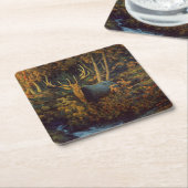 秋の森の中のブルエルク スクエアペーパーコースター (アングル)