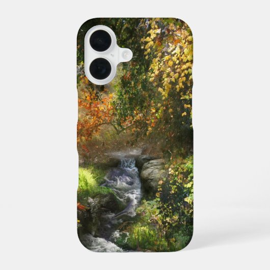 秋の森の中の川 iPhone 16ケース (裏面)