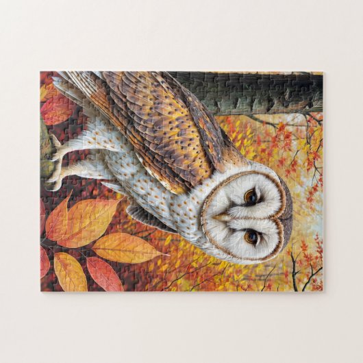 秋の森の中の納屋フクロウ ジグソーパズル (横)