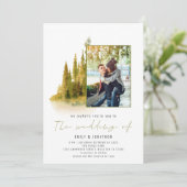 秋の森の写真QRコードオリーブグリーンの結婚式 招待状 (スタンド正面)