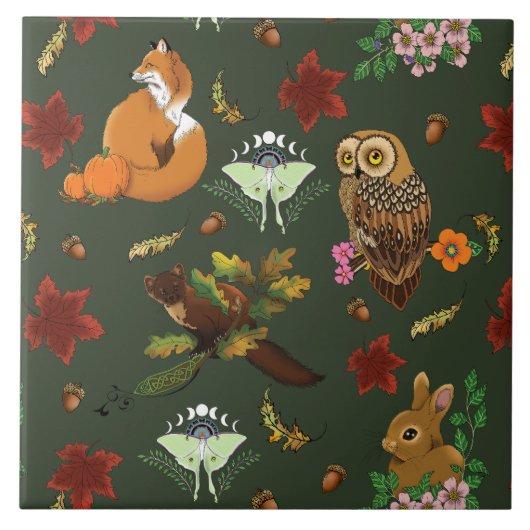 秋の森の動物が緑 タイル (正面)