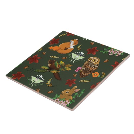 秋の森の動物が緑 タイル (側面)