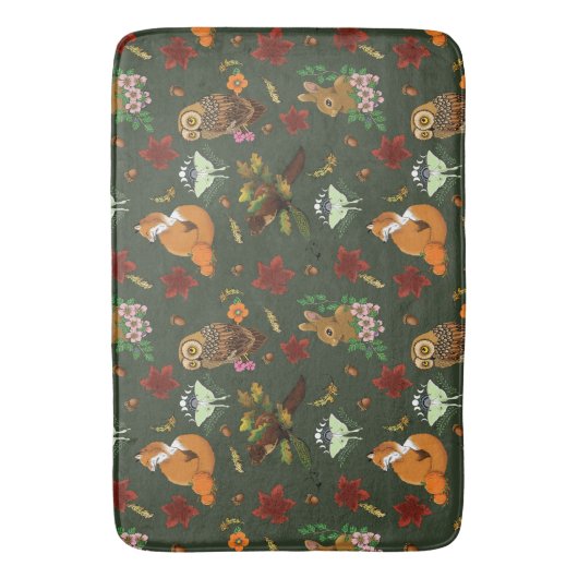 秋の森の動物が緑 バスマット (正面縦)