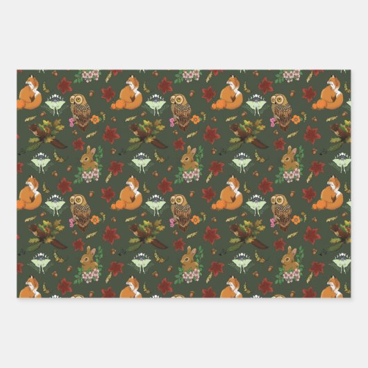 秋の森の動物が緑 ラッピングペーパーシート (正面3)