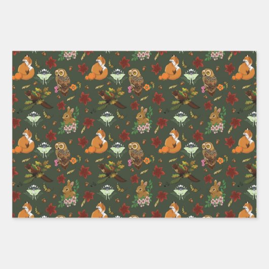秋の森の動物が緑 ラッピングペーパーシート (正面)