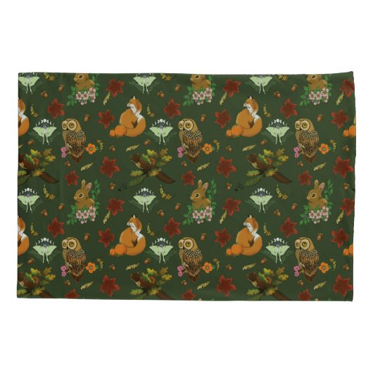 秋の森の動物が緑 枕カバー (裏面)