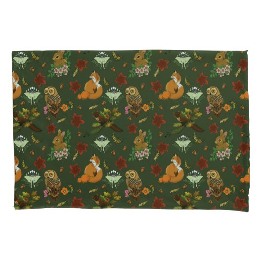 秋の森の動物が緑 枕カバー (正面)