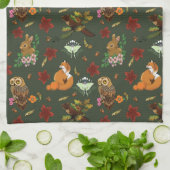 秋の森の動物たち グリーンパターン キッチンタオル (折り畳み)