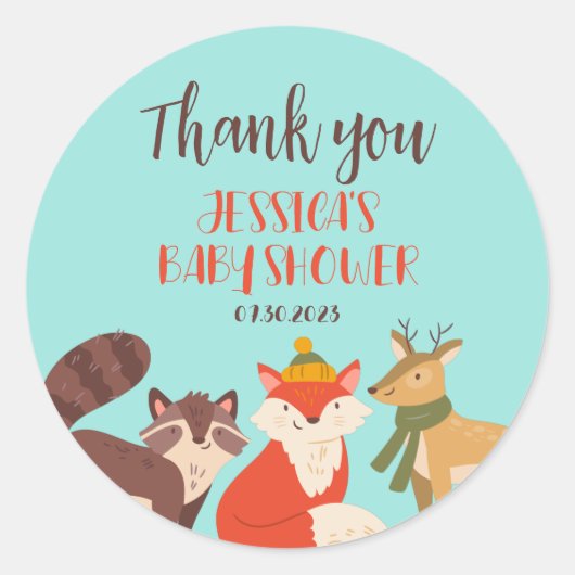 秋の森の動物たち 秋の季節 ベイビーシャワー ラウンドシール (正面)