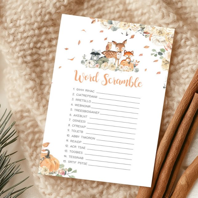 秋の森の動物の文字並べ替えゲーム (Floral Woodland Animals Baby Shower Word Scramble Game)