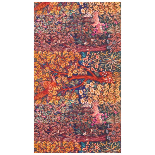 秋の森の動物の群れ、キジ、赤いフローラ テーブルクロス (正面)