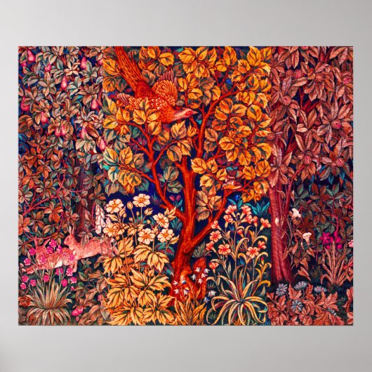 秋の森の動物の群れ、キジ、赤いフローラ ポスター (正面)