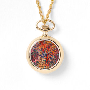 秋の森の動物の群れ、キジ、赤いフローラ 腕時計