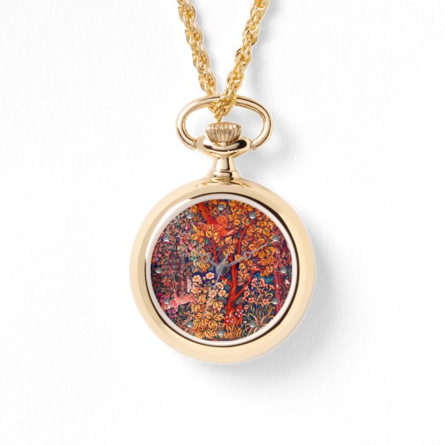 秋の森の動物の群れ、キジ、赤いフローラ 腕時計 (正面)