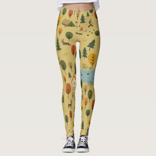 秋の森の動物ヴィンテージ壁紙 レギンス (正面)