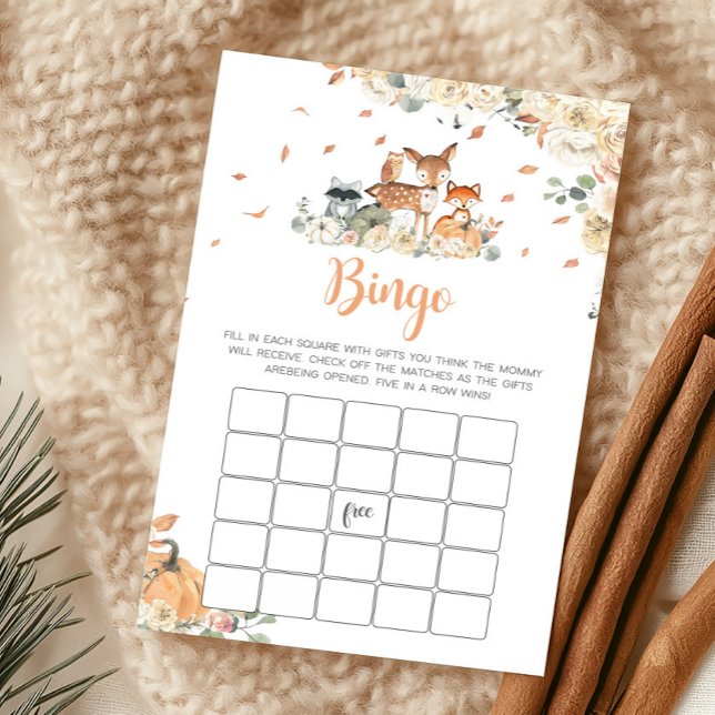 秋の森の動物 ベビーシャワービンゴゲーム (Floral Woodland Animals Baby Shower Bingo Game)