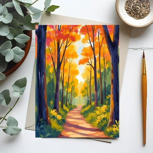 秋の森の小道 | 秋の紅葉の水彩画 ポストカード