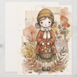 秋の森の少女とバスケットアート 秋の紙