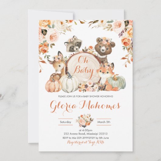 秋の森の少女 オー ベイビー ベイビー シャワー 招待状 (正面)