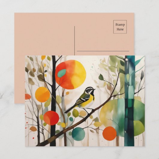 秋の森の水彩鳴鳥 ポストカード (正面/裏面)