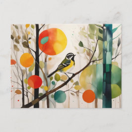 秋の森の水彩鳴鳥 ポストカード