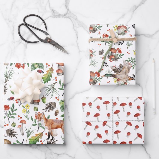 秋の森の自然キノコ | 3パック ラッピングペーパーシート (正面)