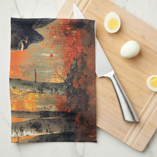 秋の森の芸術作品のバイソン キッチンタオル (四つ折り)