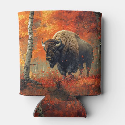 秋の森の芸術作品のバイソン 缶クーラー (裏面)