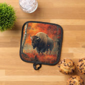 秋の森の芸術作品のバイソン 鍋敷き (トップダウン)