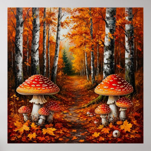 秋の森の道を樺の木の木で囲む ポスター (正面)