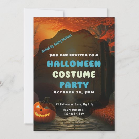 秋の森の道ハロウィーンのジャックOランタン 招待状 (正面)
