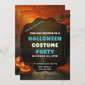 秋の森の道ハロウィーンのジャックOランタン 招待状 (正面/裏面)