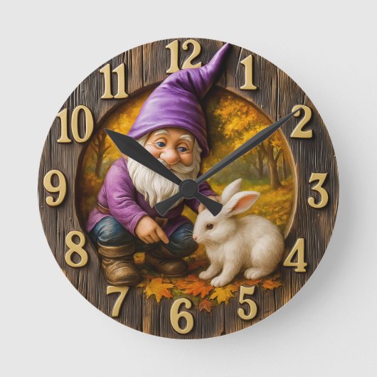 秋の森の魔法の小人とウサギ ラウンド壁時計 (正面)