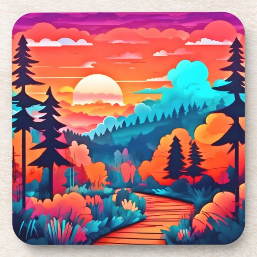 秋の森を抜ける日没の道 コースター (正面)