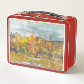秋の森オレンジの金ゴールド メタルランチボックス (正面)