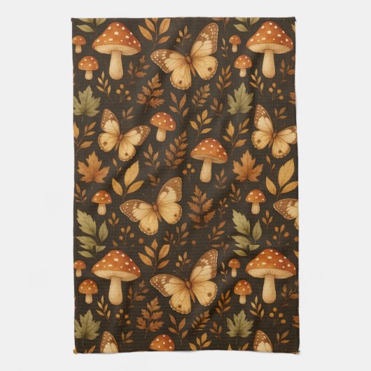 秋の森キノコと蝶 キッチンタオル (縦)